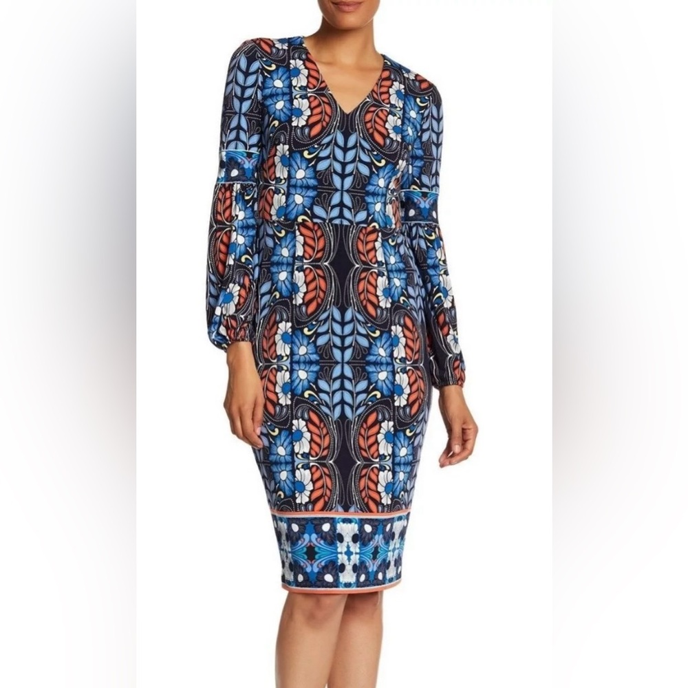 Maggy London 152324 Women's Folklore Print Dress V-neck Long Sleeves Sz. 2 US